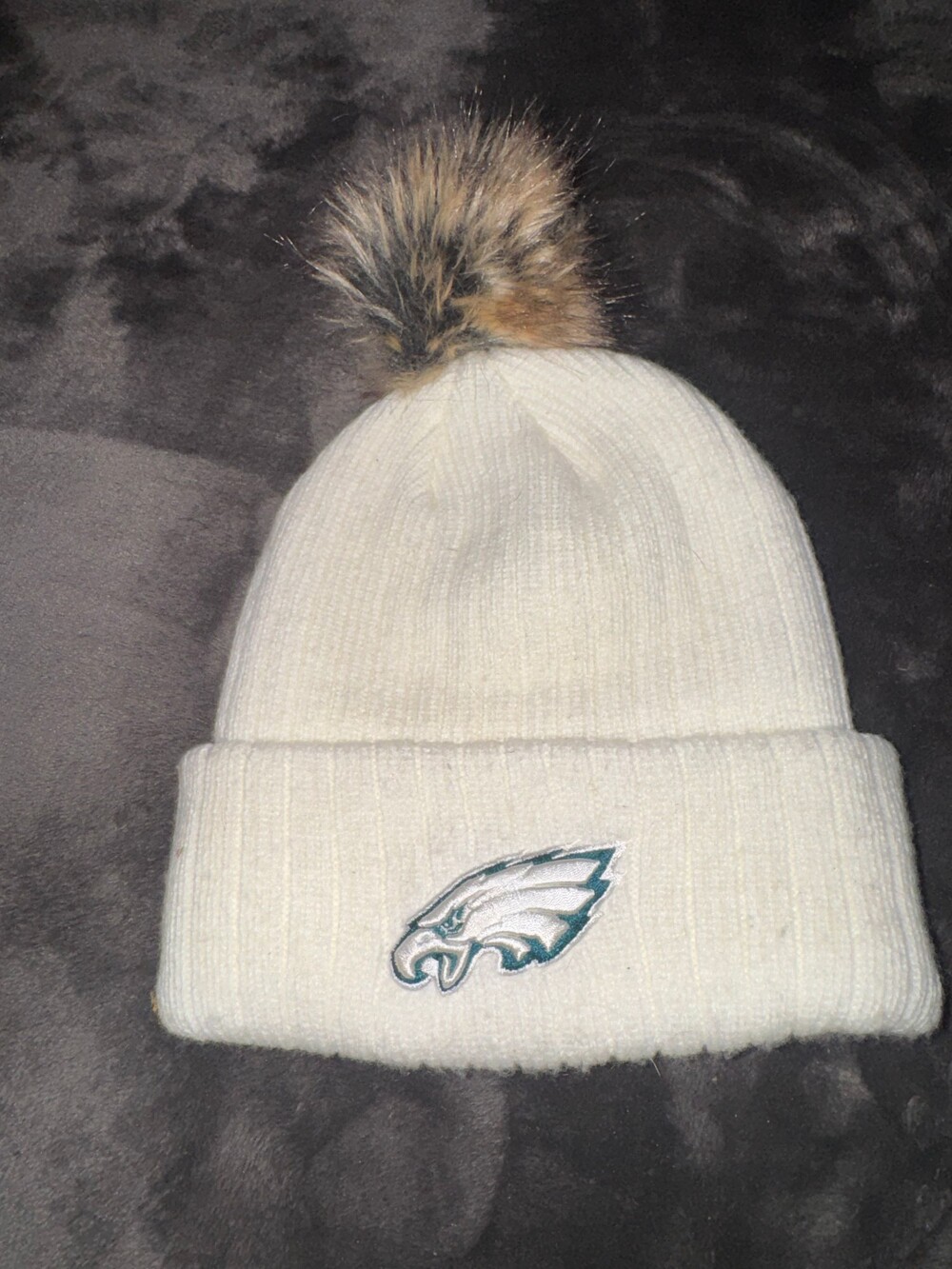 NFL Team Apparel Philadelphia Eagles Women's White Knit Beanie with Faux Fur Pom